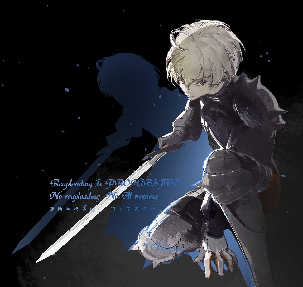 cofffee, ramza beoulve, final fantasy, final fantasy tactics, 1boy, ahoge, armored boots, armored gloves, black background, black pants, blonde hair, boots, foot out of frame, hair between eyes, holding, holding sword, holding weapon, knee spikes, male focus, on one knee, pants, short hair, shoulder spikes, simple background, solo, spikes, sword, weapon