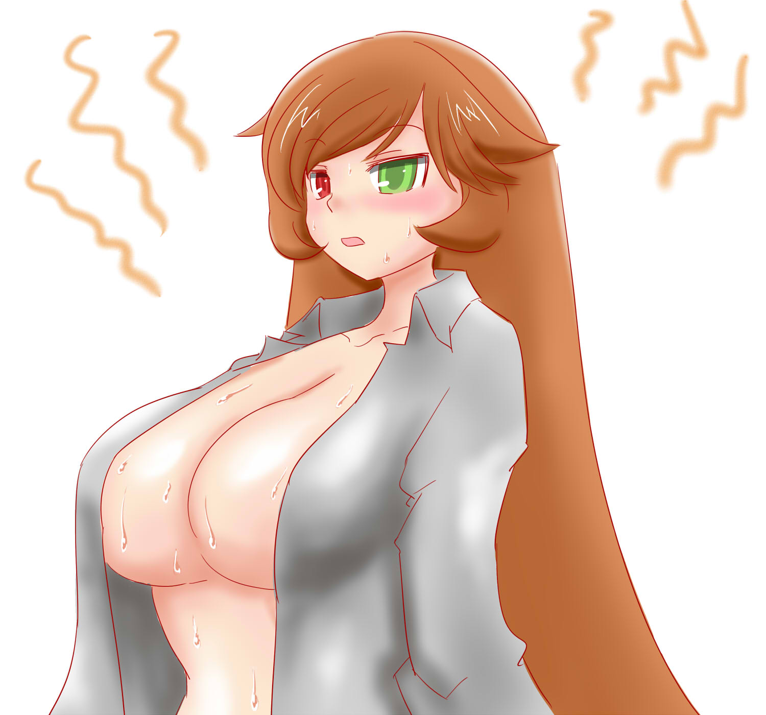 itini-sanshi, suiseiseki, rozen maiden, commentary request, highres, 1girl, alternate breast size (larger), blush, breasts, brown hair, cleavage, collared shirt, green eyes, grey shirt, heterochromia, large breasts, long hair, looking afar, no bra, open clothes, open mouth, open shirt, red eyes, shirt, simple background, solo, sweat, upper body, very long hair, white background