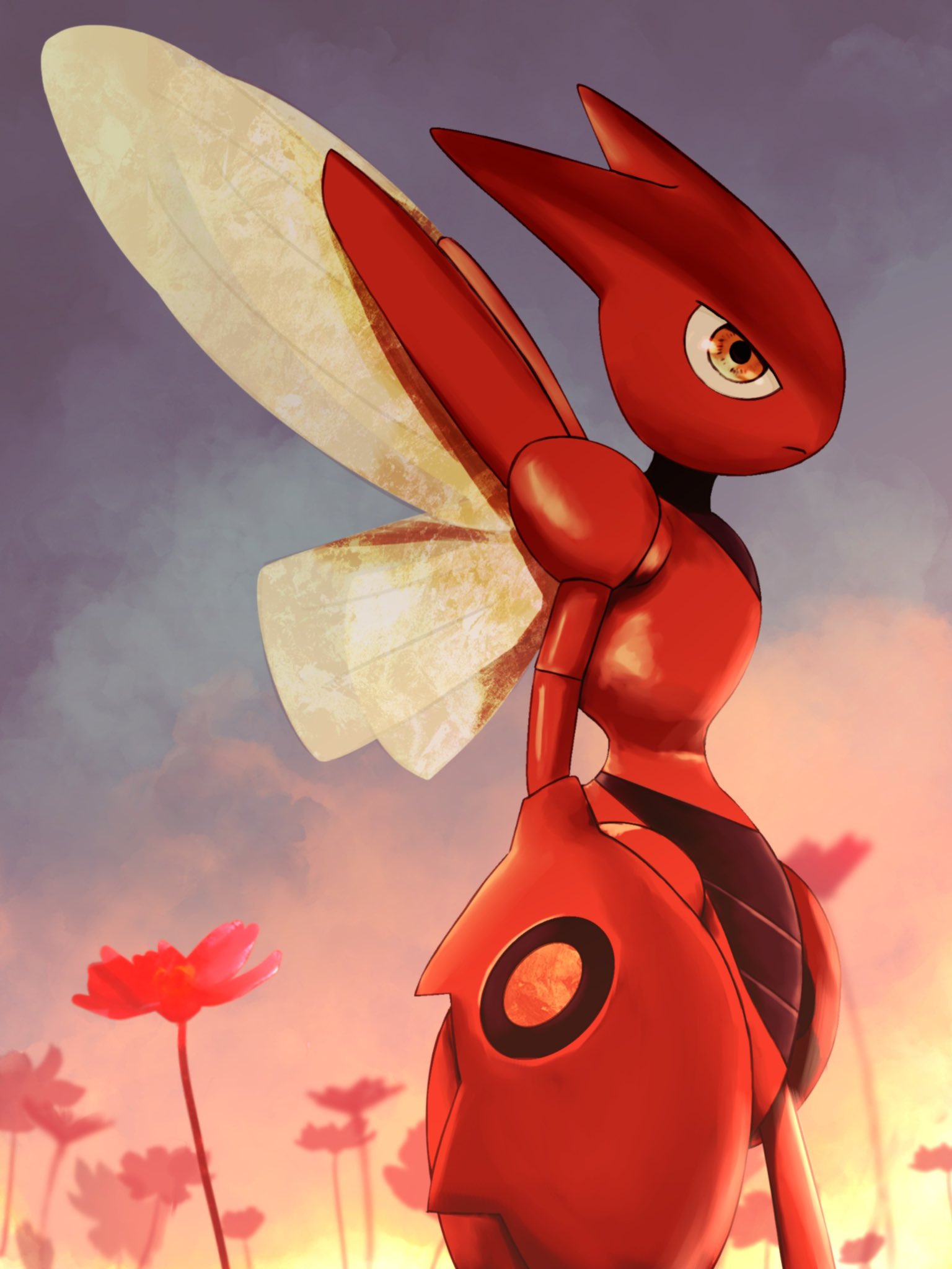 redamber334, scizor, nintendo, pokemon, commentary request, highres, closed mouth, cowboy shot, flower, from side, gen 2 pokemon, no humans, pokemon (creature), solo, standing, sunset, yellow eyes
