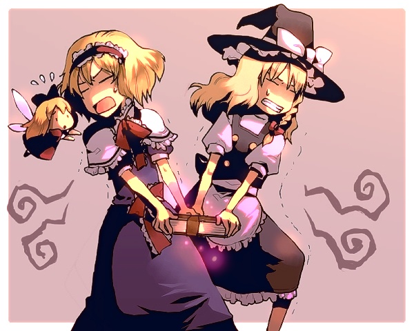 sunakumo, alice margatroid, kirisame marisa, shanghai doll, touhou, 3girls, blonde hair, book, doll, dress, female focus, hat, long hair, multiple girls, ribbon, short hair, skirt, wings