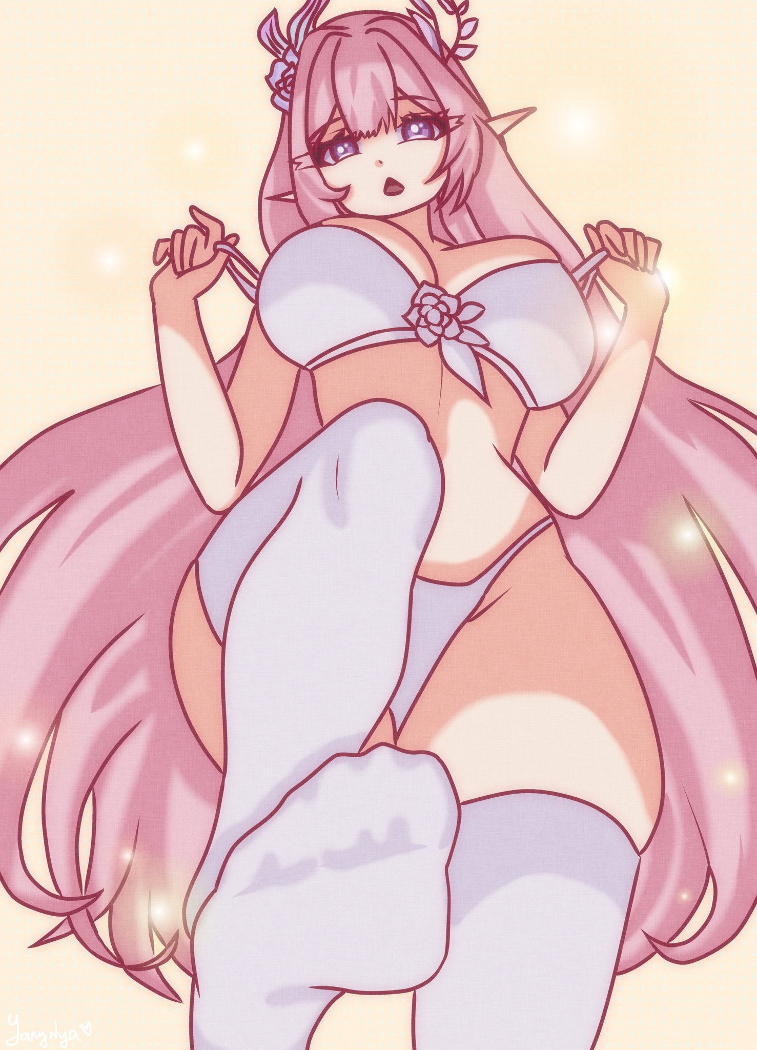 cyrene (honkai: star rail), cyrene (ripples of past reverie) (honkai: star rail), honkai: star rail, honkai (series), hashtag-only commentary, highres, 1girl, adopt54193, bra, breasts, flower, from below, hair flower, hair ornament, halo, large breasts, long hair, looking at viewer, panties, pink hair, pointy ears, purple eyes, simple background, solo, stomach, thighhighs, thighs, underwear, very long hair, white background, white bra, white panties, white thighhighs