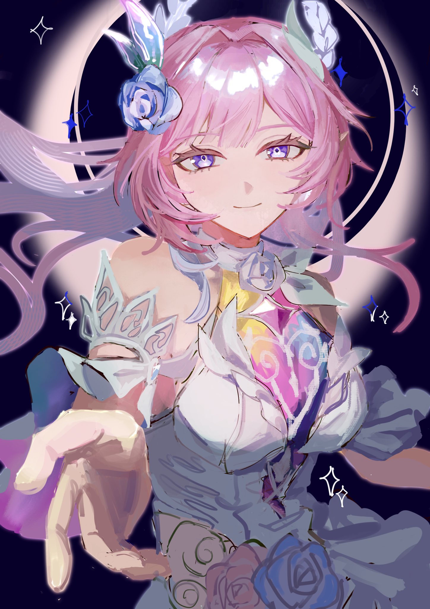 cyrene (honkai: star rail), cyrene (ripples of past reverie) (honkai: star rail), honkai: star rail, honkai (series), commentary request, highres, 1girl, 279sjkkj, bare shoulders, breasts, diamond-shaped pupils, diamond (shape), dress, flower, hair flower, hair ornament, large breasts, long hair, looking at viewer, pink hair, purple eyes, reaching, reaching towards viewer, smile, solo, symbol-shaped pupils, very long hair, white dress