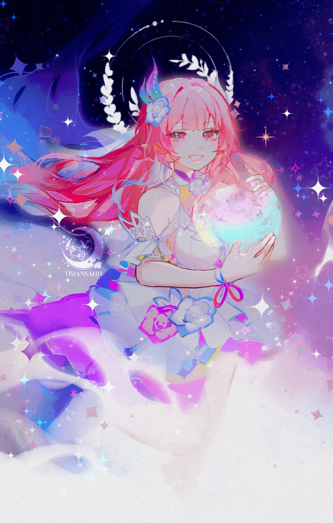 tran (traannahh), cyrene (honkai: star rail), cyrene (ripples of past reverie) (honkai: star rail), honkai: star rail, honkai (series), commentary, english commentary, highres, 1girl, artist logo, breasts, dress, flower, hair flower, hair ornament, halo, holding planet, large breasts, logo, long hair, pink hair, pointy ears, purple eyes, sky, smile, solo, star (sky), starry sky, very long hair, white dress