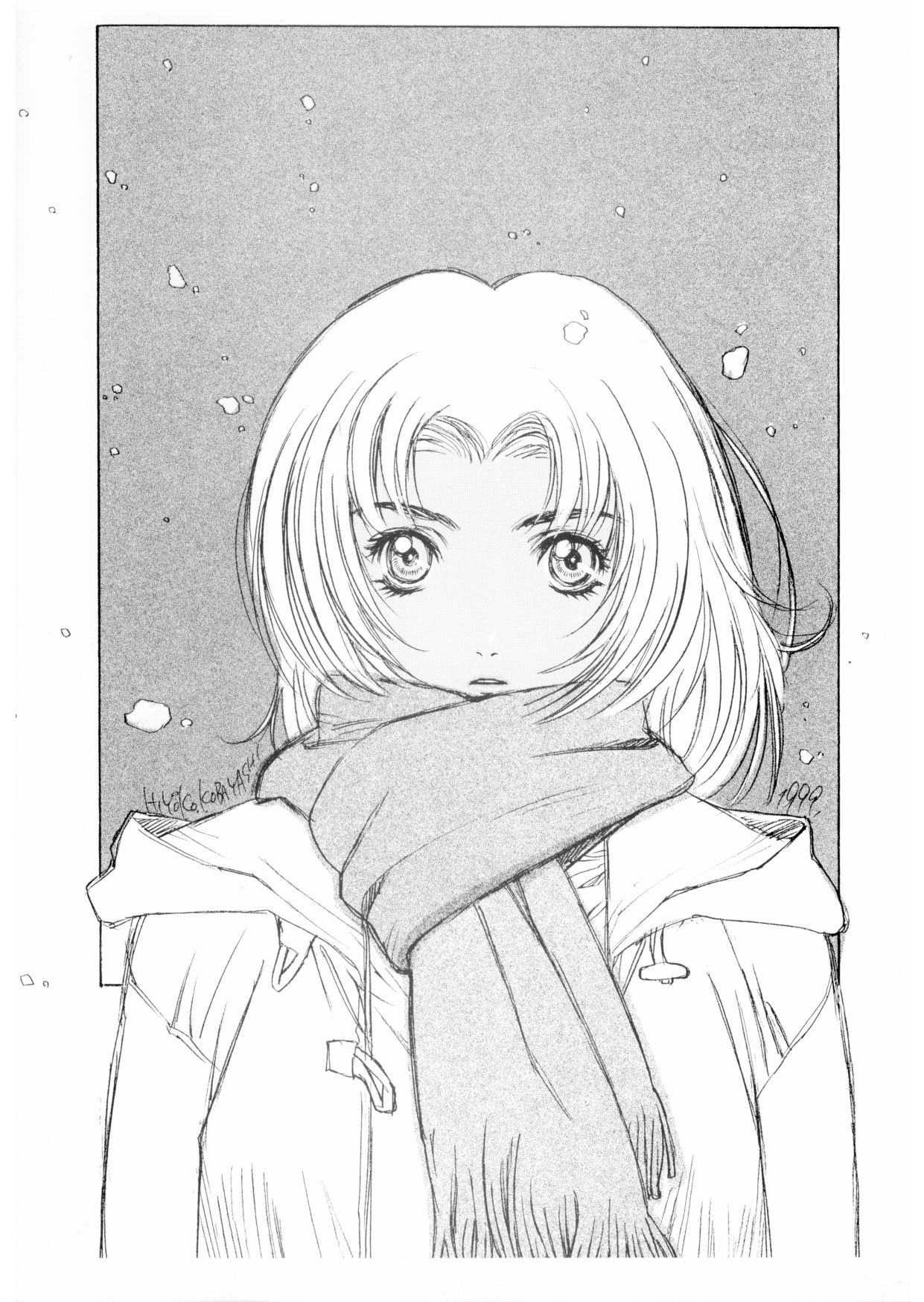 kobayashi hiyoko, hiyoko voice, highres, tagme, greyscale, monochrome, snow, solo