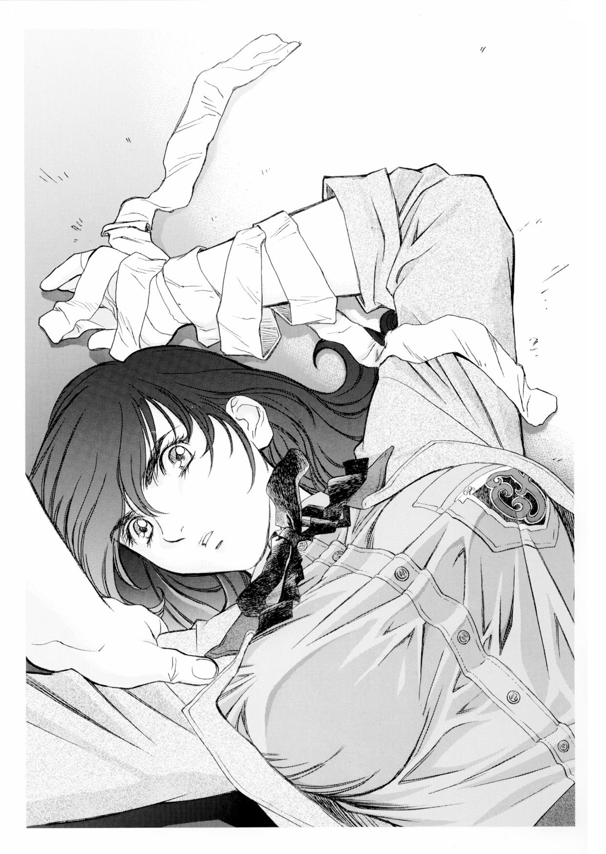 kobayashi hiyoko, suruga mahiru, hiyoko voice, peridot, peridot (manga), highres, bandages, breasts, greyscale, huge breasts, lying, monochrome, solo