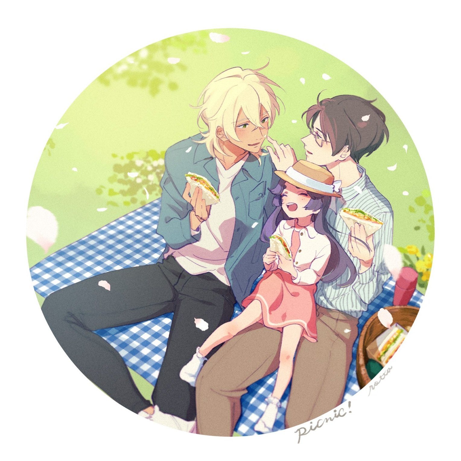 akutsu mabu, azuma sara, niiboshi reo, sarazanmai, commentary request, highres, 1girl, 2boys, aged down, basket, black pants, blonde hair, blue jacket, brown hair, brown pants, closed eyes, dress, family, food, green eyes, holding, holding food, jacket, long hair, multiple boys, open mouth, pants, parted lips, picnic, pink dress, sandwich, shaaark rotta03, shirt, short hair, sitting, sitting on lap, sitting on person, striped clothes, striped shirt, white jacket, white shirt, yaoi