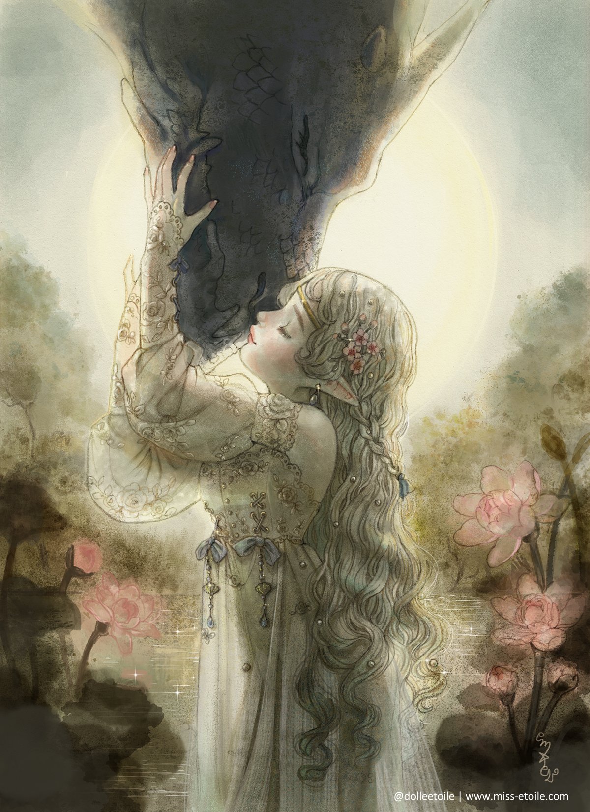 dolleetoile, original, highres, 1girl, bare shoulders, blonde hair, braid, breasts, closed eyes, detached sleeves, dragon, dress, earrings, elf, flower, hair flower, hair ornament, hand on another's chin, jewelry, long hair, long sleeves, medium breasts, nuzzle, parted bangs, pink flower, pink lips, pointy ears, puffy long sleeves, puffy sleeves, side braid, smile, sparkle, twitter username, upper body, watercolor effect, watermark, wavy hair, web address, white dress