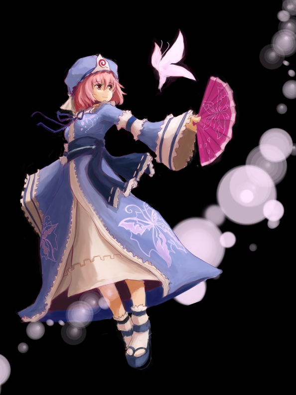 kokotetsu, saigyouji yuyuko, touhou, bad id, bad pixiv id, 1girl, bug, butterfly, female focus, folding fan, hand fan, hat, japanese clothes, kimono, pink hair, ribbon, short hair, solo