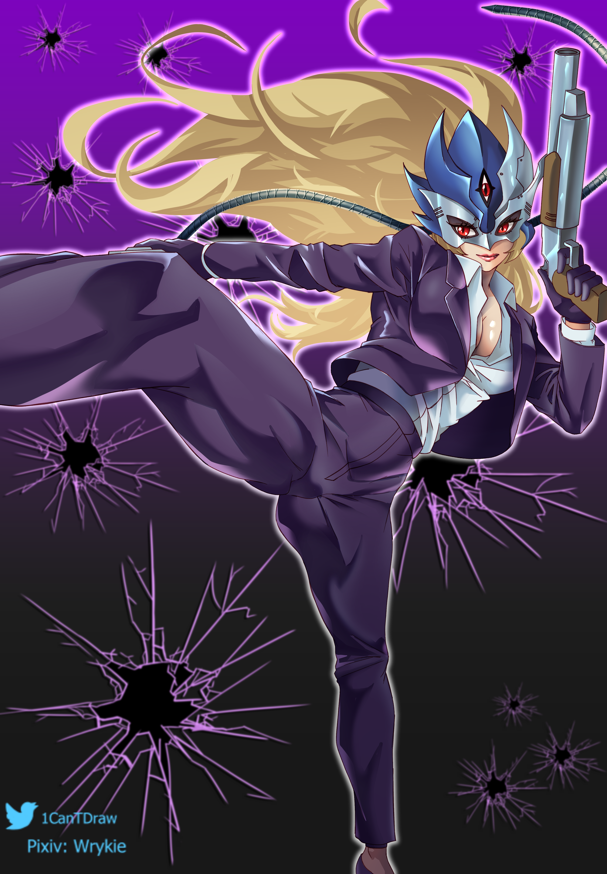 richard park, beelstarmon, digimon, absurdres, commentary, highres, 1girl, alternate costume, beelstarmon x, black gloves, black jacket, black mask, black pants, black shoes, blonde hair, breasts, business suit, cleavage, closed mouth, collared shirt, digimon (creature), eye mask, fang, fang out, floating hair, formal clothes, gloves, gun, high heels, high kick, holding, holding gun, holding weapon, jacket, kicking, large breasts, long hair, mask, open clothes, open jacket, pants, pixiv username, red eyes, shirt, shoes, sidelocks, solo, standing, standing on one leg, suit, third eye, twitter username, weapon, white shirt