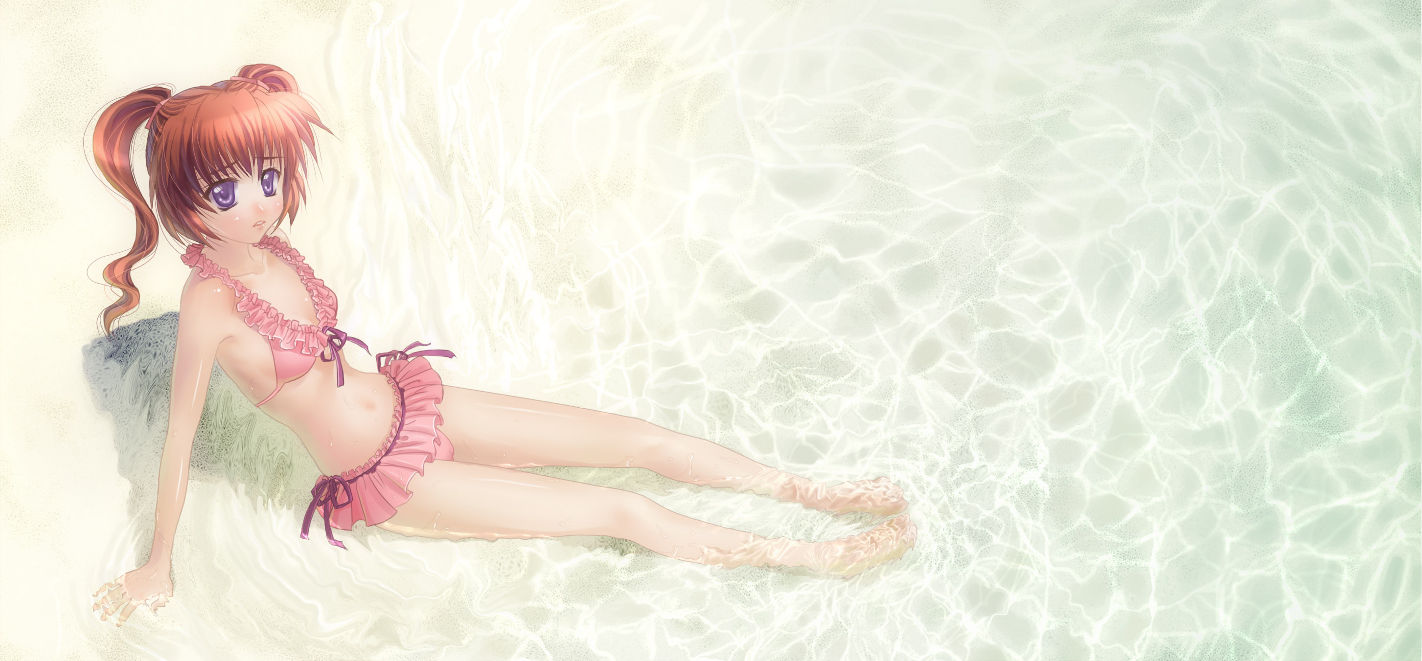tama (new island), tamachan (pixiv), original, highres, 1girl, beach, bikini, day, female focus, frilled bikini, frills, legs, lips, ocean, outdoors, purple eyes, red hair, ribbon, short hair, sitting, solo, swimsuit, twintails, water, wet
