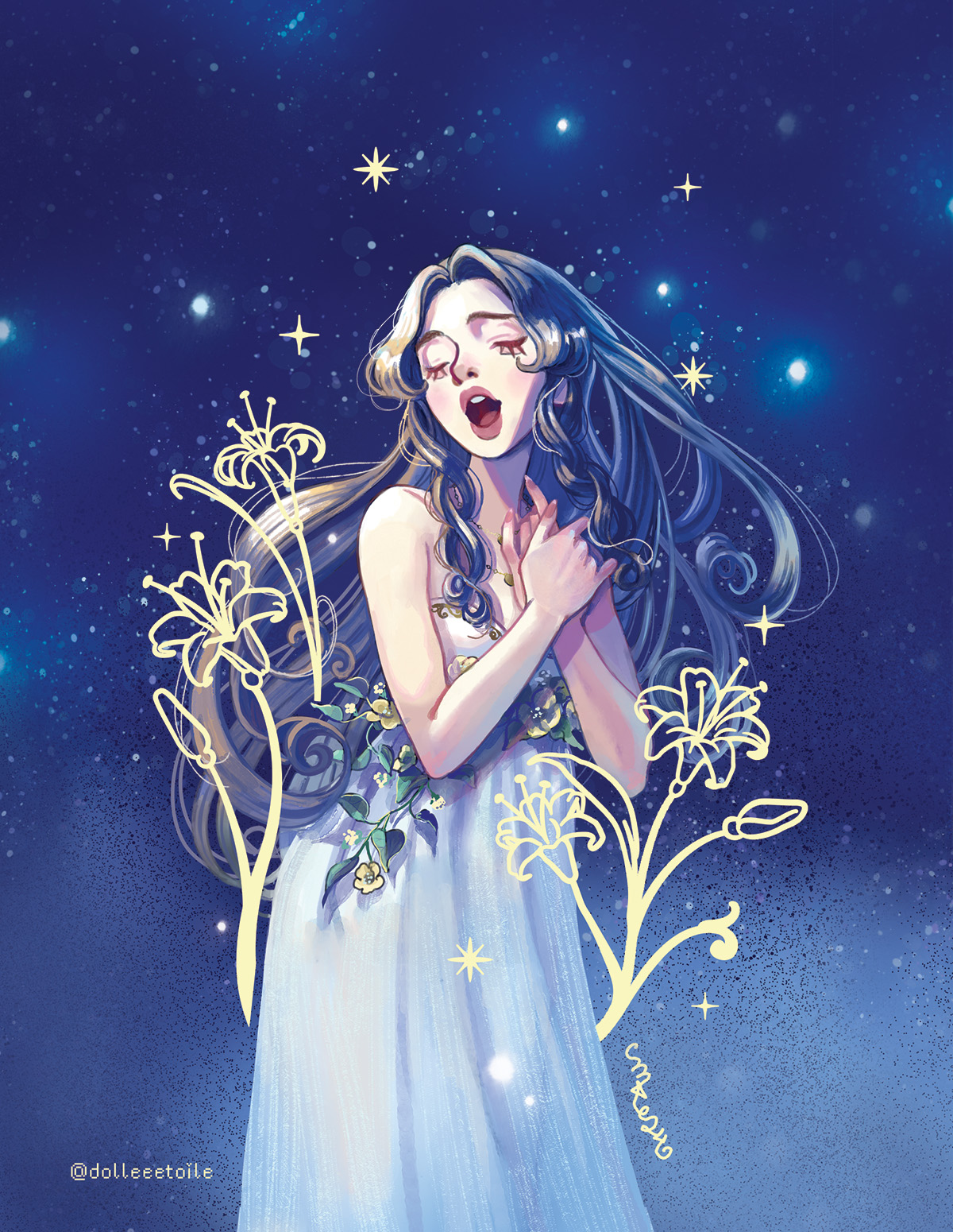 dolleetoile, aerith gainsborough, aerith gainsborough (white floral dress), final fantasy, final fantasy vii, final fantasy vii rebirth, final fantasy vii remake, highres, 1girl, bare arms, bare shoulders, blue background, breasts, brown hair, cleavage, closed eyes, dress, dress flower, flower, gold trim, hands on own chest, jewelry, lily (flower), long dress, long hair, medium breasts, music, necklace, official alternate costume, open mouth, own hands together, parted bangs, sidelocks, simple background, singing, solo, strapless, strapless dress, twitter username, white dress, yellow flower