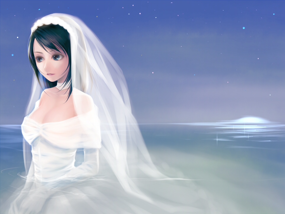 yori, yori (shitsuon), original, bad id, bad pixiv id, 1girl, black hair, blue eyes, bride, dress, female focus, solo, wading, water, wedding dress