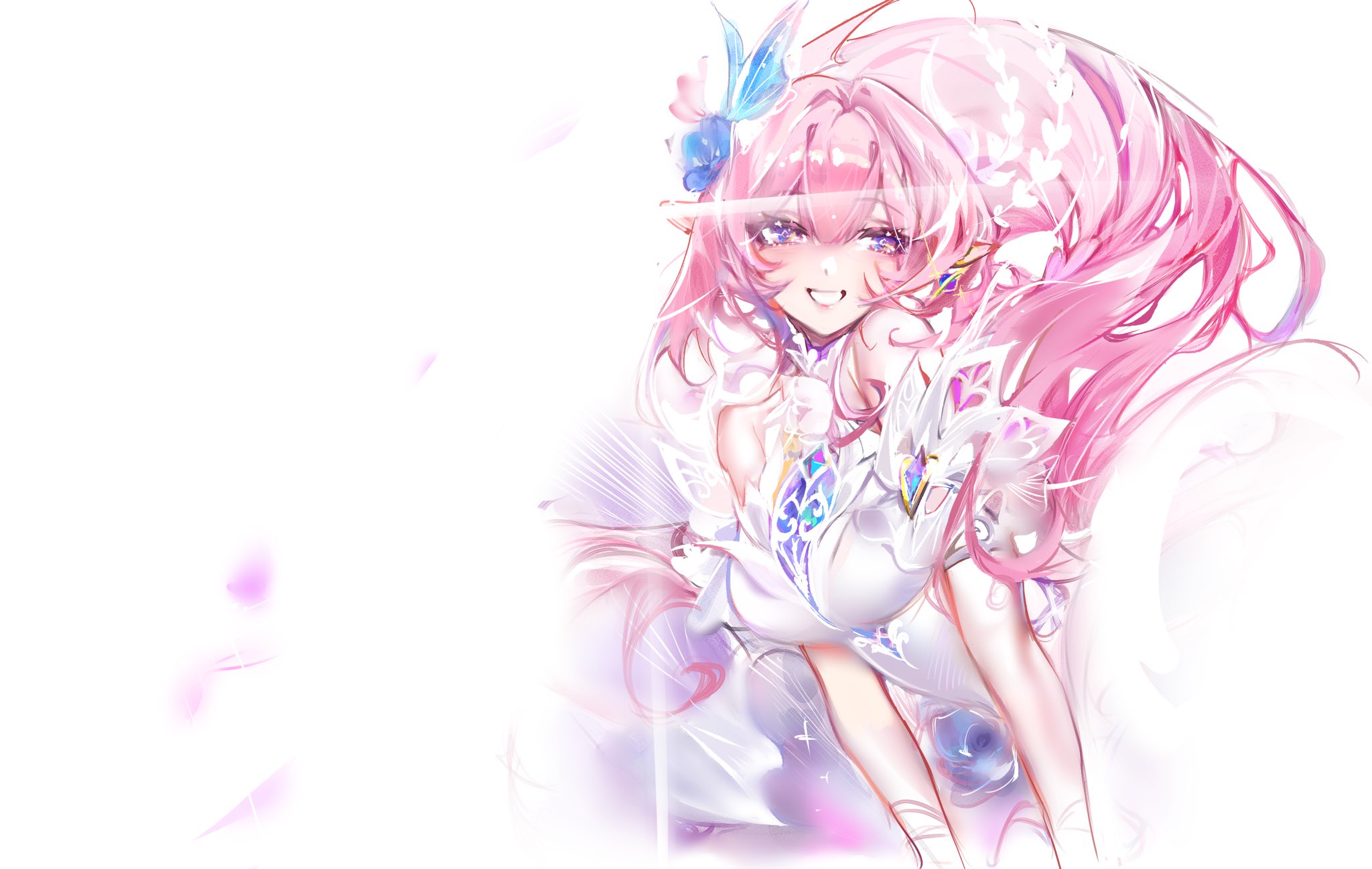 cyrene (honkai: star rail), cyrene (ripples of past reverie) (honkai: star rail), honkai: star rail, honkai (series), hashtag-only commentary, highres, 1girl, alucard199x, bare shoulders, breasts, diamond-shaped pupils, diamond (shape), dress, flower, hair flower, hair ornament, large breasts, long hair, pink hair, pointy ears, purple eyes, simple background, solo, symbol-shaped pupils, very long hair, white background, white dress