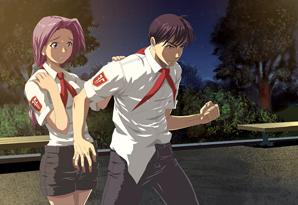 iie-tan, original, hand on shoulder, light, silver hair, uniform, 1boy, 1girl, angry, bench, bush, clenched hand, long hair, necktie, night, night sky, park, pioneer (brand), pioneer movement, pioneer neckerchief, purple eyes, purple hair, red eyes, shorts, sky, soviet, soviet pioneer, star (sky), starry sky, tree