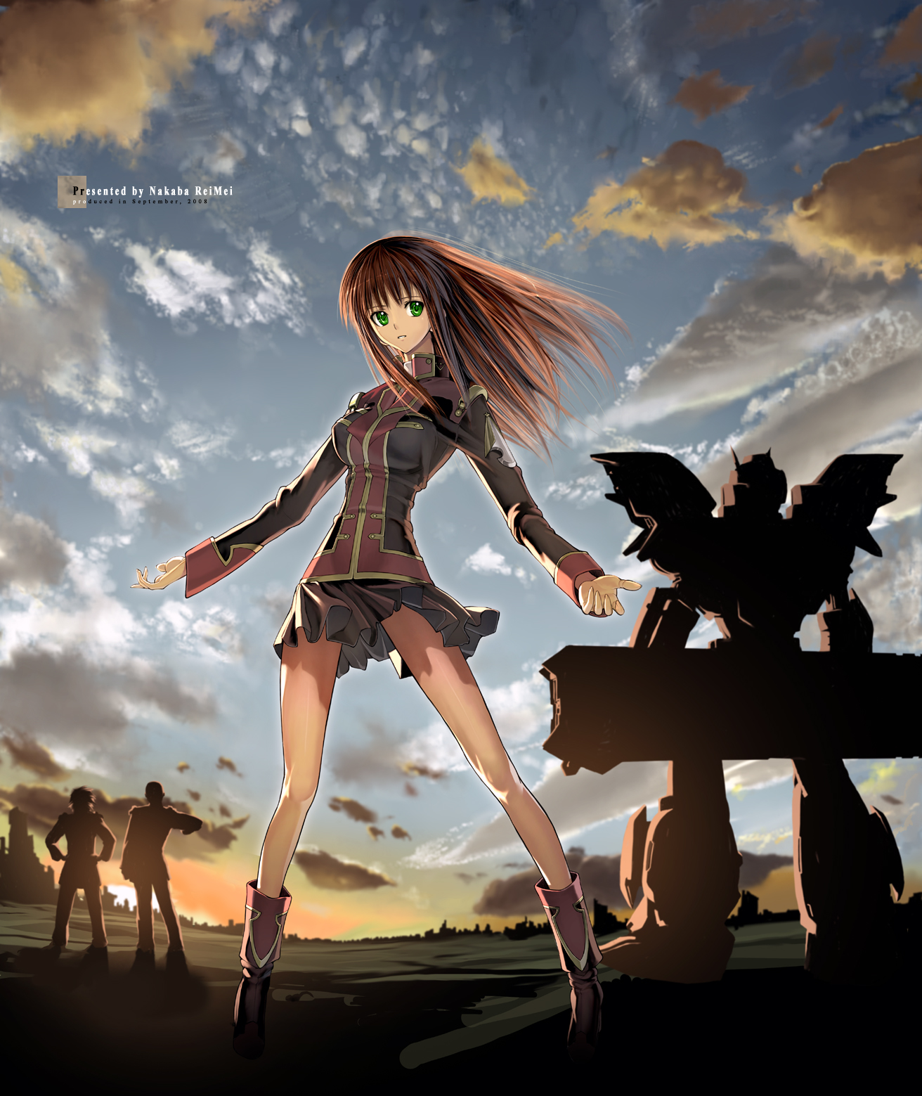 nakabayashi reimei, balgora, denzel hammer, setsuko ohara, toby watson, banpresto, super robot wars, super robot wars z, super robot wars z1, highres, 1girl, 2boys, boots, breasts, brown hair, cloud, green eyes, large breasts, long hair, long legs, mecha, multicolored hair, multiple boys, robot, skirt, sky, sunset