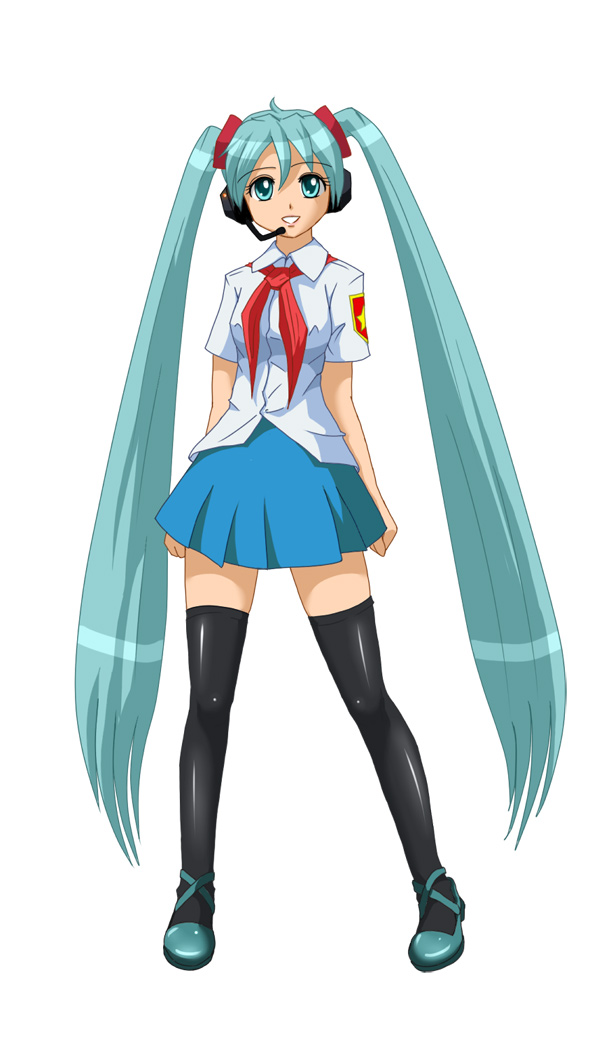 huyase, hatsune miku, vocaloid, blue eyes, hair ribbon, headphones, legs, long hair, necktie, pioneer (brand), pioneer movement, pioneer neckerchief, ribbon, skirt, solo, soviet, soviet pioneer, thighhighs, twintails, very long hair, zettai ryouiki
