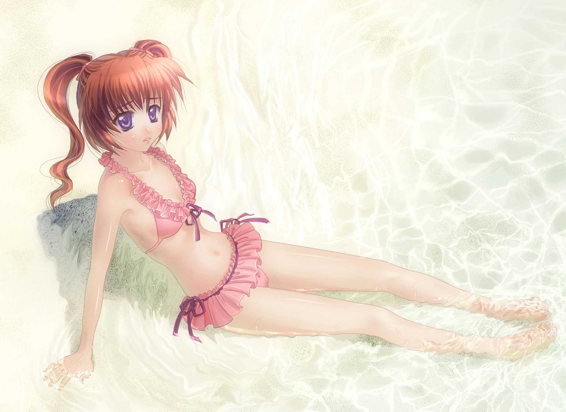 tama (new island), tamachan (pixiv), original, bad id, bad pixiv id, highres, 1girl, beach, bikini, day, female focus, ocean, outdoors, pink bikini, purple eyes, red hair, short hair, solo, swimsuit, twintails, water