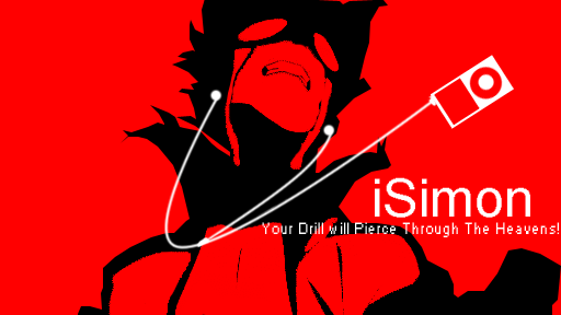 simon (ttgl), apple inc., tengen toppa gurren lagann, 00s, 1boy, character name, clenched teeth, digital media player, earphones, english text, goggles, ipod, ipod ad, limited palette, male focus, monochrome, parody, red background, simple background, solo, teeth, text focus, upper body