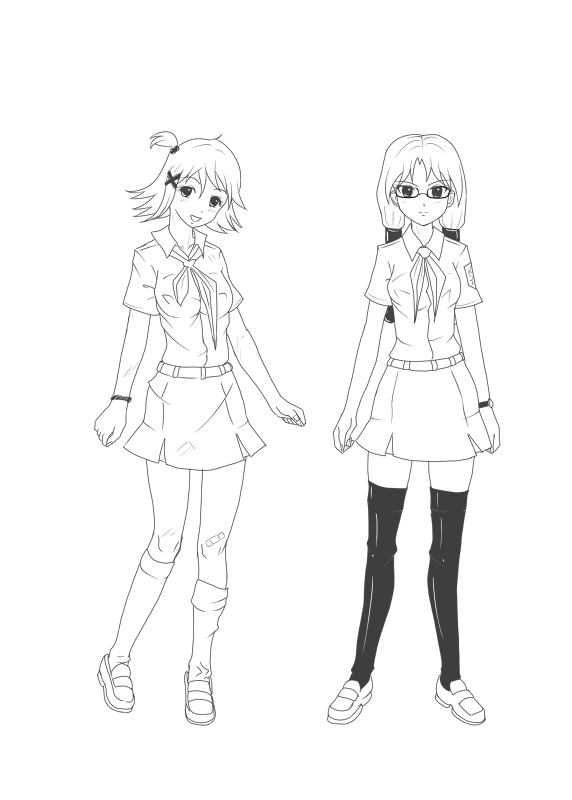 huyase, hai-tan, iie-tan, 2girls, bandaid, bow, bracelet, female focus, full body, glasses, greyscale, hair ornament, hairclip, jewelry, kneehighs, legs, long hair, monochrome, multiple girls, necktie, pioneer (brand), pioneer movement, pioneer neckerchief, plaster, pubic hair, school uniform, serafuku, shirt, short hair, side ponytail, simple background, skirt, socks, soviet, soviet pioneer, standing, thighhighs, twintails, watch, white background, wristwatch, zettai ryouiki