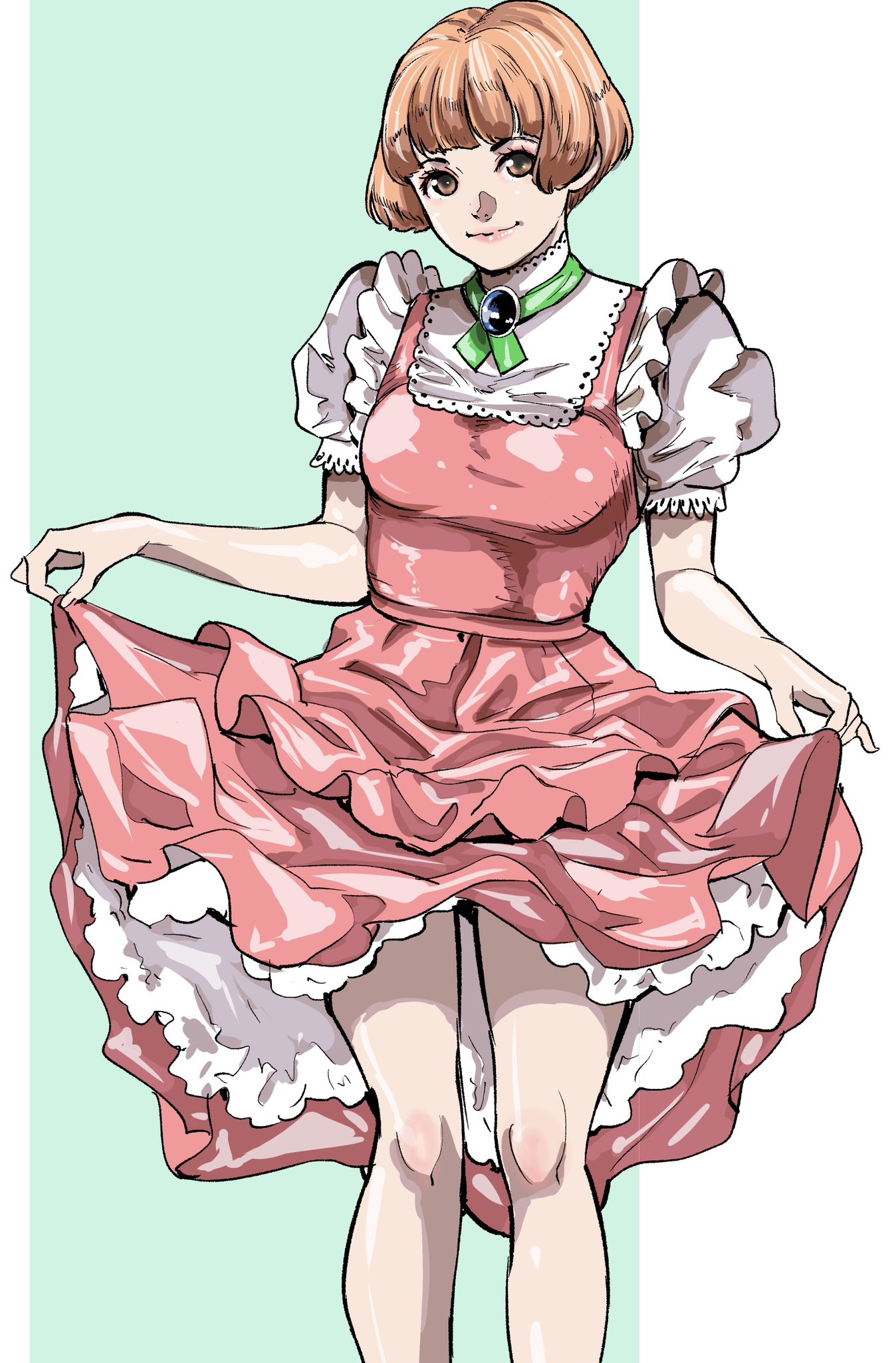tamakoshi horiyuki, sochie heim, gundam, turn a gundam, highres, 1girl, brown eyes, brown hair, clothes lift, cropped legs, dress, dress lift, frilled dress, frills, green background, lips, looking at viewer, makeup, pink dress, puffy short sleeves, puffy sleeves, short hair, short sleeves, smile, solo, standing