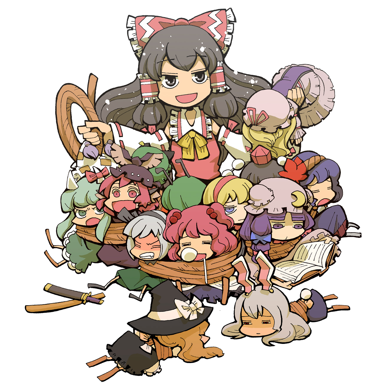 hounori, alice margatroid, chen, ex-keine, hakurei reimu, kamishirasawa keine, kirisame marisa, konpaku youmu, mystia lorelei, onozuka komachi, patchouli knowledge, reisen udongein inaba, shameimaru aya, wriggle nightbug, yakumo ran, yakumo yukari, yasaka kanako, touhou, silver hair, highres, 6+girls, = =, animal ears, animal hat, antennae, blonde hair, bound, bow, brown eyes, brown hair, cat ears, cat girl, clenched teeth, closed eyes, detached sleeves, dress, drooling, earrings, female focus, green eyes, hair bobbles, hair bow, hair ornament, hairband, hat, hat ribbon, horns, jewelry, long hair, mob cap, multiple girls, nose bubble, open mouth, purple eyes, purple hair, rabbit ears, rabbit girl, rabbit tail, reading, red eyes, red hair, ribbon, rope, sheath, shoes, sleeping, socks, sword, tail, tassel, teeth, tied up (nonsexual), weapon