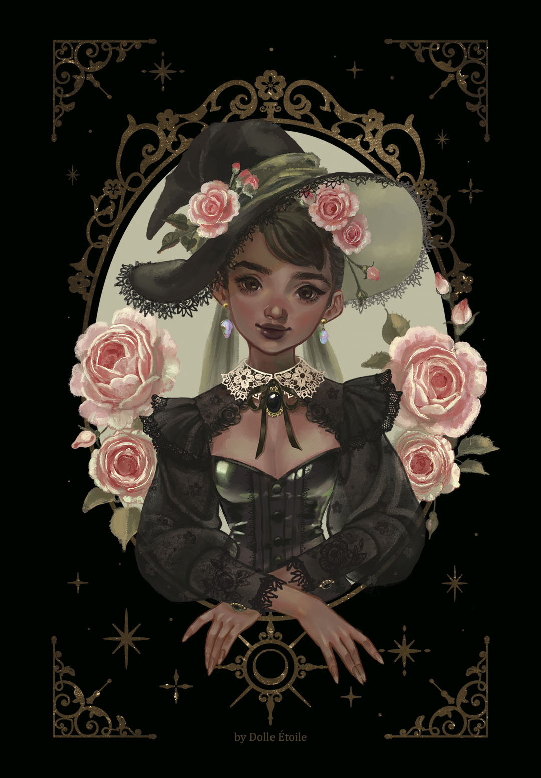 dolleetoile, original, highres, 1girl, black dress, black gemstone, black hair, black hat, black ribbon, breasts, brown eyes, brown lips, cleavage, closed mouth, crossed wrists, dress, earrings, flower, gem, gold trim, hat, hat flower, jewelry, long hair, long sleeves, looking at viewer, medium breasts, neck ribbon, pink flower, pink rose, portrait, ribbon, rose, smile, solo, twintails, witch, witch hat