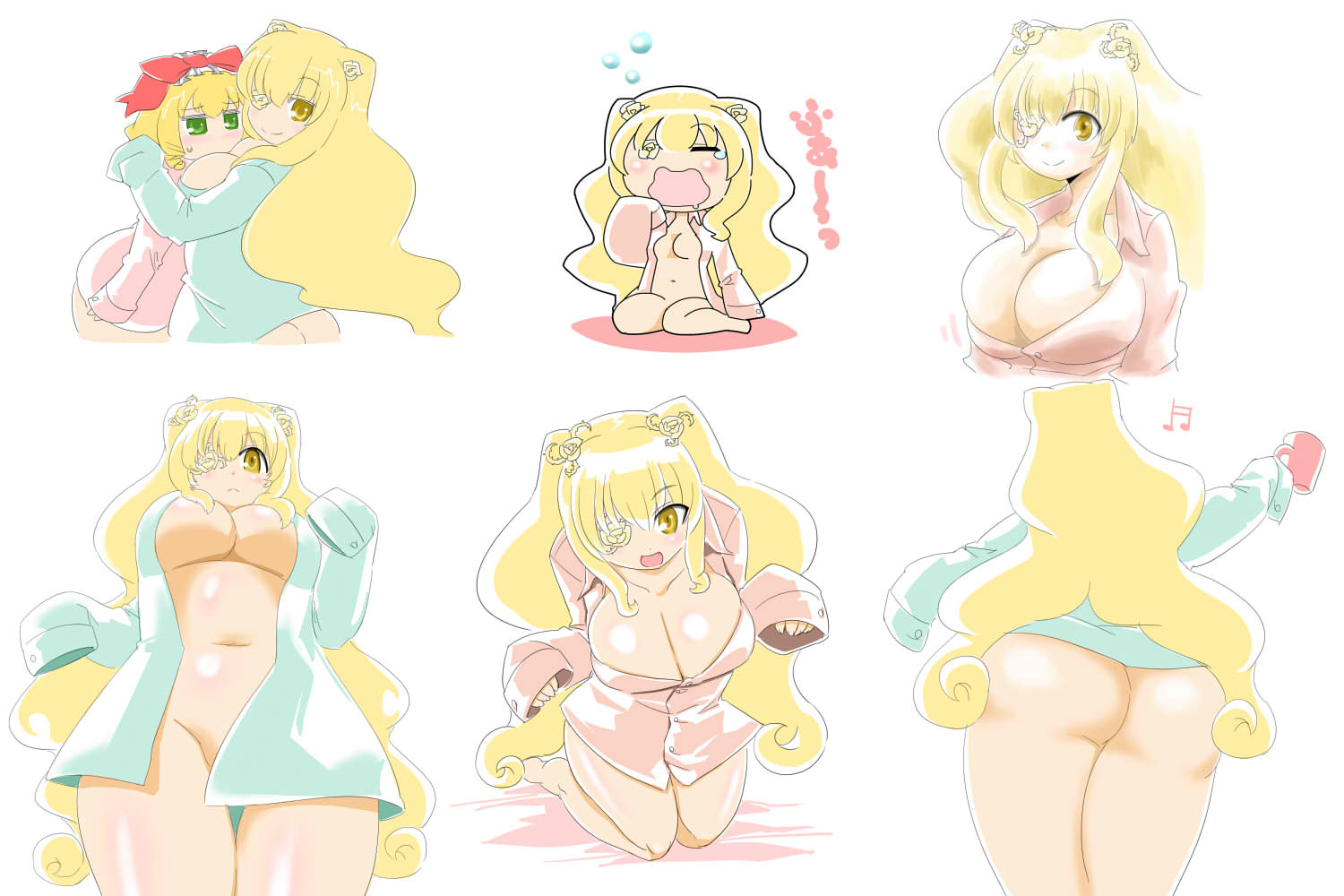 itini-sanshi, hinaichigo, kirakishou, rozen maiden, commentary request, 2girls, alternate breast size (larger), ass, blonde hair, blue shirt, blush, bow, breasts, chibi, cleavage, cowboy shot, flower, flower over eye, full body, green eyes, hair bow, hair flower, hair ornament, large breasts, long hair, looking at viewer, multiple girls, multiple views, naked shirt, navel, open mouth, pink shirt, red bow, rose, shirt, simple background, sleeves past fingers, sleeves past wrists, smile, squeans, upper body, white background, yellow eyes, yellow flower, yellow rose