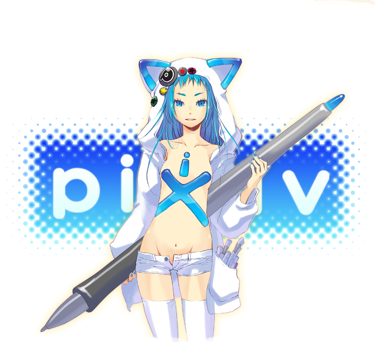 gin (oyoyo), pixiv-tan, pixiv, animal hood, blue hair, cat hood, denim, denim shorts, hood, hoodie, lowleg, no bra, no panties, open clothes, open fly, open shorts, pen, shorts, thighhighs, unzipped