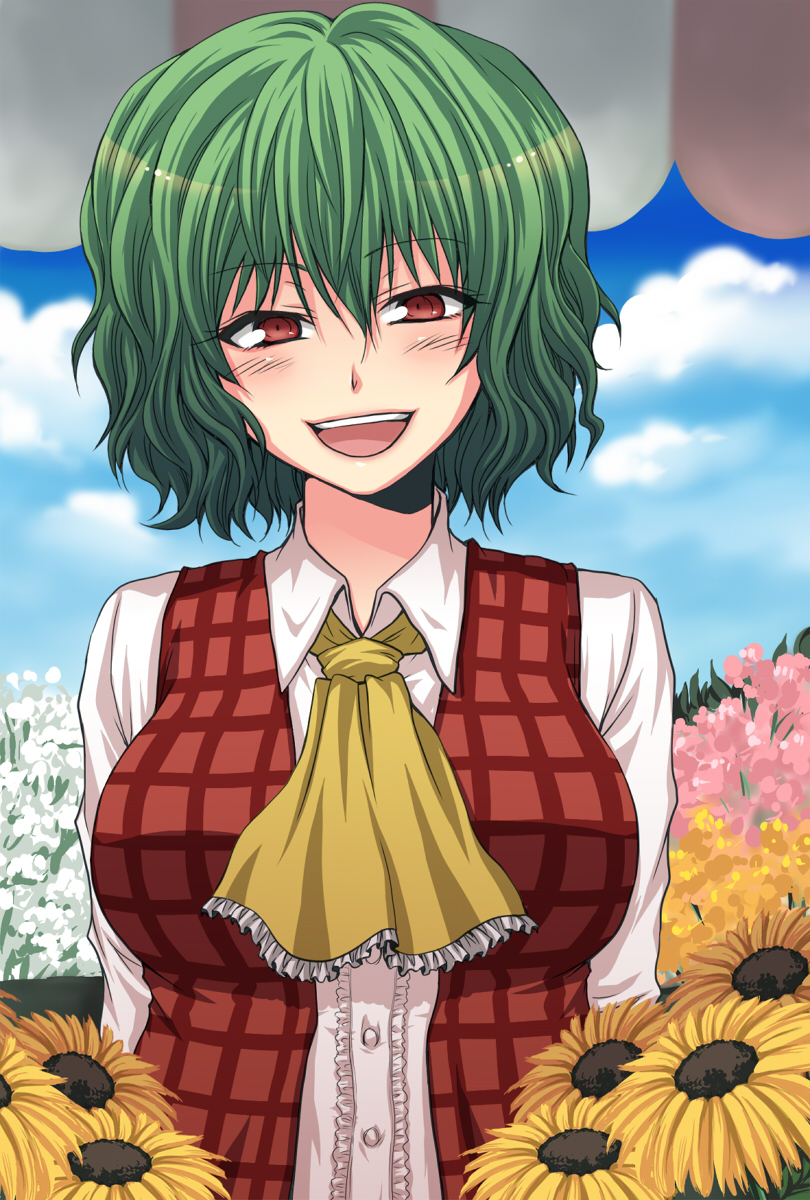 mokku, kazami yuuka, touhou, highres, 1girl, :d, ascot, blush, breasts, cloud, day, female focus, field, flower, flower field, green hair, large breasts, open mouth, plaid clothes, plaid vest, red eyes, short hair, smile, solo, sunflower, sunflower field, upper body, vest
