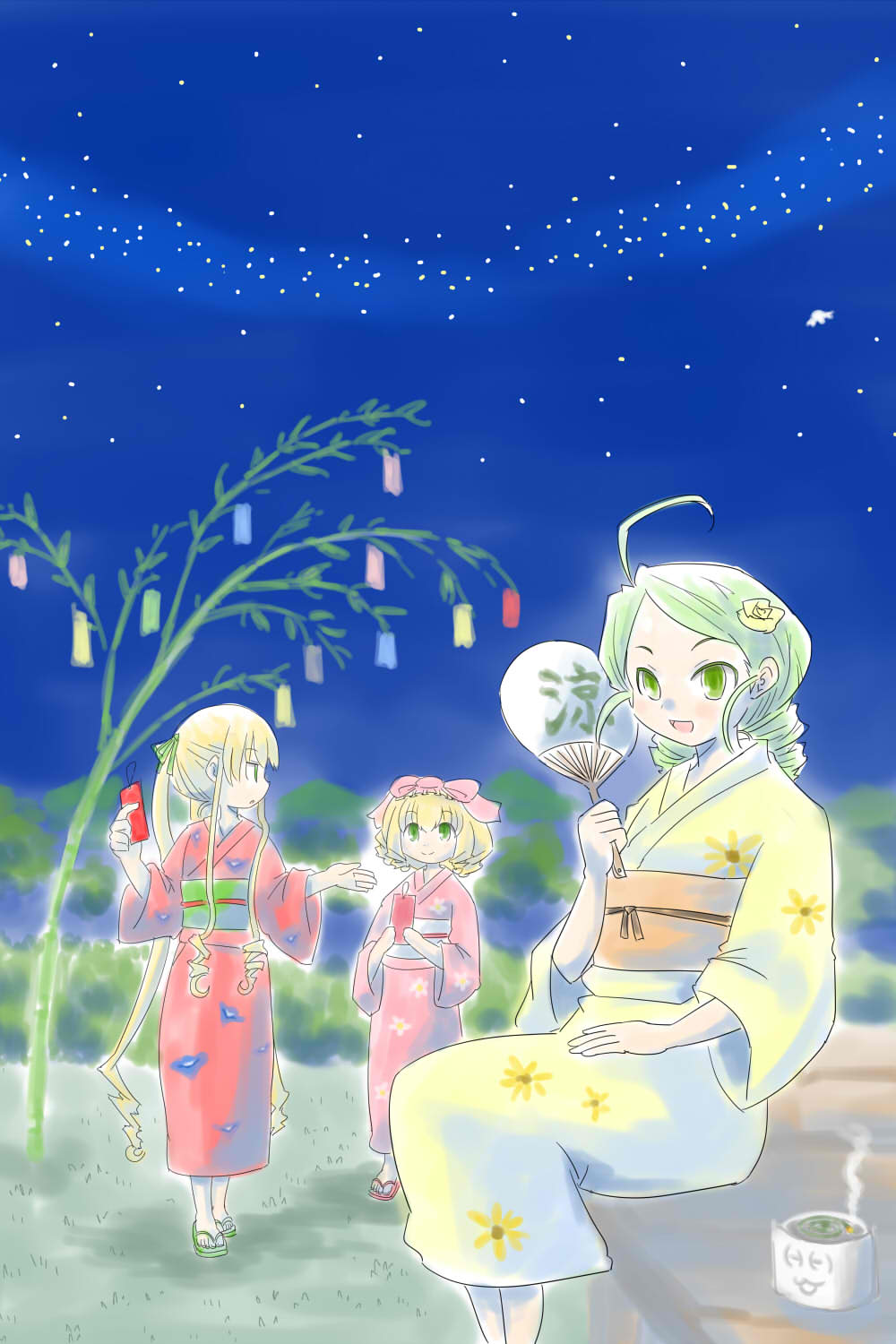 itini-sanshi, hinaichigo, kanaria, shinku, rozen maiden, commentary request, highres, 3girls, alternate costume, bamboo, blonde hair, blue sky, blush, bow, drill hair, full body, green eyes, green hair, green kimono, green sandals, green sash, hair bow, hand fan, japanese clothes, kimono, long hair, looking at viewer, multiple girls, night, obi, open mouth, orange sash, outdoors, pink bow, pink kimono, red kimono, sandals, sash, short hair, sitting, sky, smile, star (sky), starry sky, tanabata, twin drills, twintails