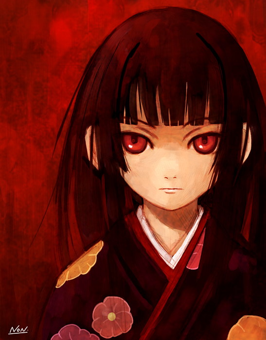 kujou non, enma ai, jigoku shoujo, 00s, black hair, blunt bangs, hime cut, japanese clothes, kimono, long hair, red eyes, solo