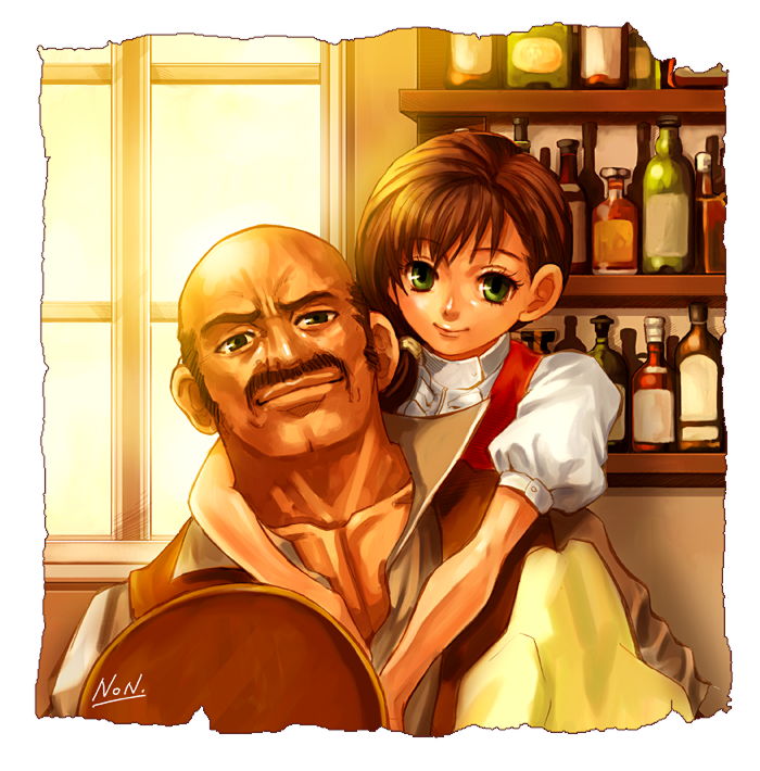 kujou non, cardwirth, 1boy, 1girl, apron, bald, bar (place), bottle, brown hair, facial hair, green eyes, height difference, hetero, hug, hug from behind, indoors, looking at viewer, mustache, puffy short sleeves, puffy sleeves, short sleeves, tray, waist apron, waitress