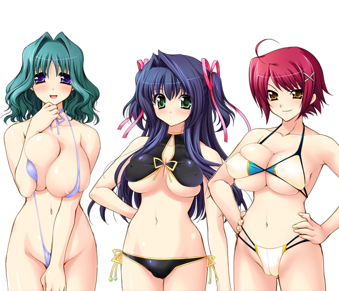 ryuuki yumi, hazakura yuuna, ichijou nanao, itami ayumu, shojo no shimobe-kun, game cg, non-web source, 3girls, bikini, blue hair, blush, breasts, breasts squeezed together, brown eyes, cameltoe, cleavage, green eyes, green hair, hair ribbon, hand on own hip, hands on own hips, huge breasts, large breasts, long hair, multiple girls, purple eyes, purple hair, red hair, ribbon, short hair, side-tie bikini bottom, sideboob, slingshot swimsuit, swimsuit, underboob