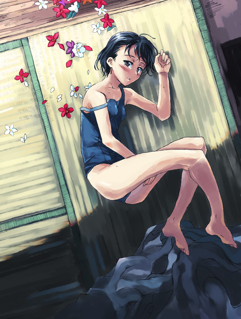 kno1, original, bad id, bad pixiv id, 1girl, ahoge, barefoot, black hair, feet, female focus, flat chest, flower, from above, lying, on floor, on side, one-piece swimsuit, school swimsuit, short hair, solo, strap slip, swimsuit, tatami