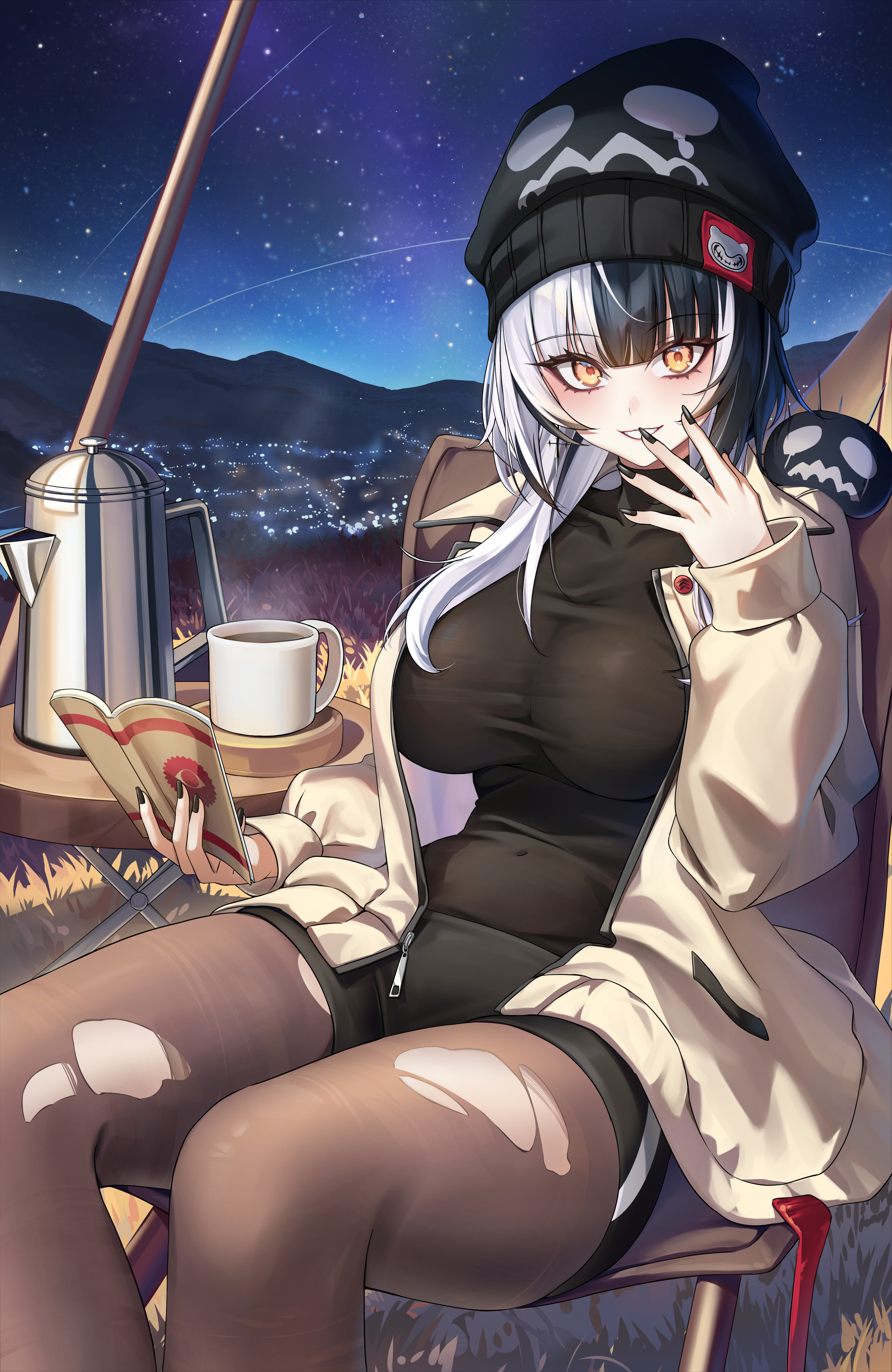 aoi 13, shiori novella, yorick (shiori novella), hololive, hololive english, absurdres, commentary, commentary request, english commentary, highres, 1girl, alternate costume, beanie, black hair, black nails, black pantyhose, black shirt, black shorts, book, breasts, character print, coat, covered navel, cup, earrings, grey coat, grin, hat, holding, holding book, jewelry, large breasts, looking at viewer, mug, multicolored hair, nail polish, night, outdoors, pantyhose, pokey (hololive), shirt, short shorts, shorts, skin tight, smile, solo, split-color hair, tight clothes, torn clothes, torn pantyhose, turtleneck, two-tone hair, virtual youtuber, white hair, yellow eyes