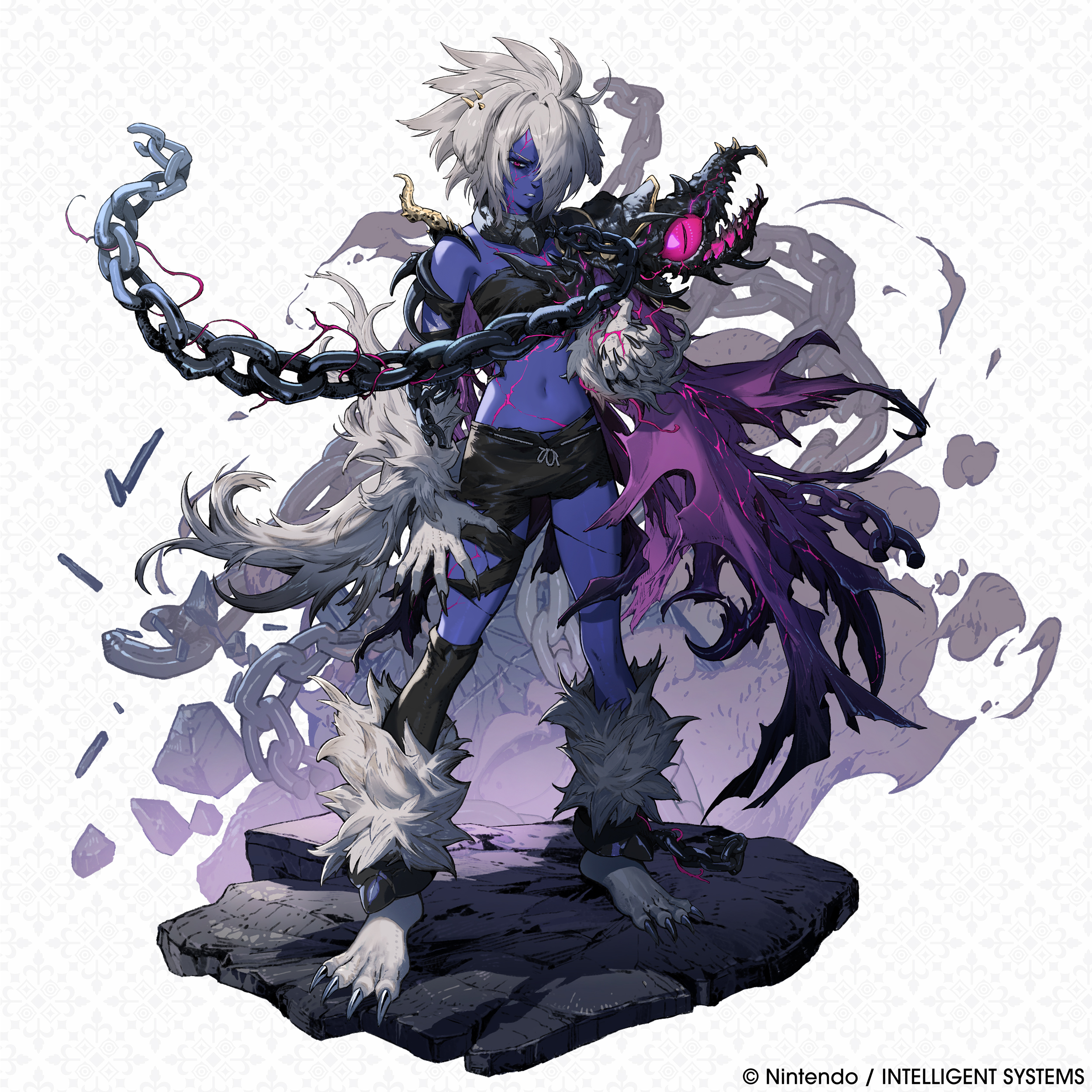 fire emblem, fire emblem shadows, nintendo, absurdres, highres, official art, 1girl, alternate form, androgynous, animal ears, animal nose, aura, body fur, breasts, colored skin, dark aura, dark persona, dog girl, full body, holding, holding sword, holding weapon, kurt (fire emblem), long hair, navel, pants, purple skin, small breasts, sword, tail, torn clothes, torn pants, weapon, wolf, wolf ears, wolf tail