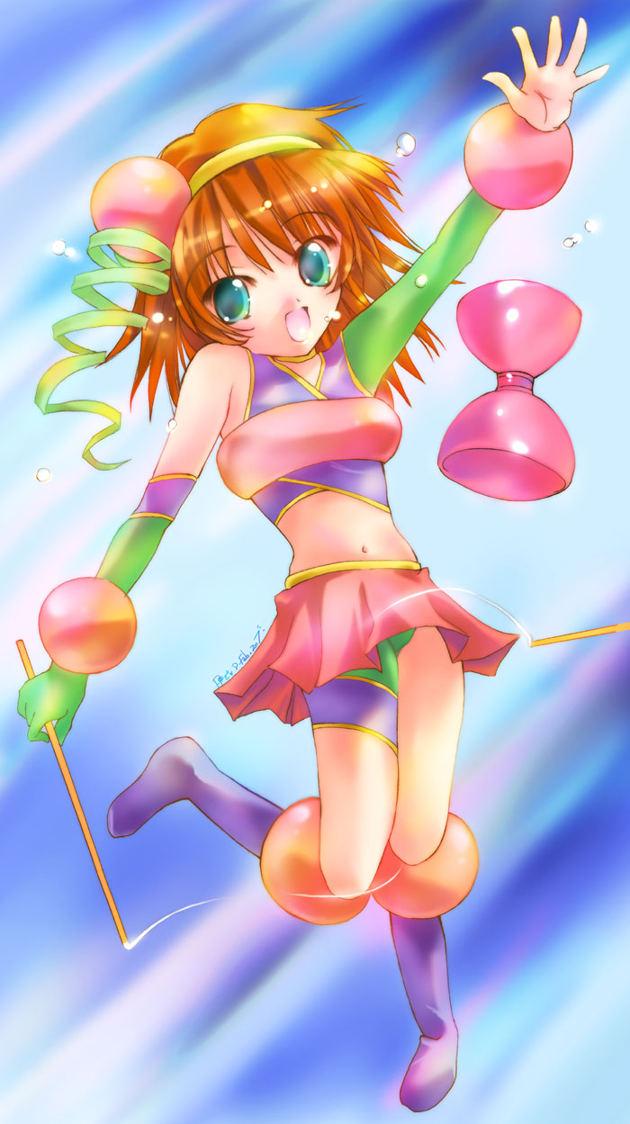 nyanmilla, rosetta passel, kaleido star, highres, 00s, blue eyes, diabolo, poorly drawn, quality, red hair, short hair, solo