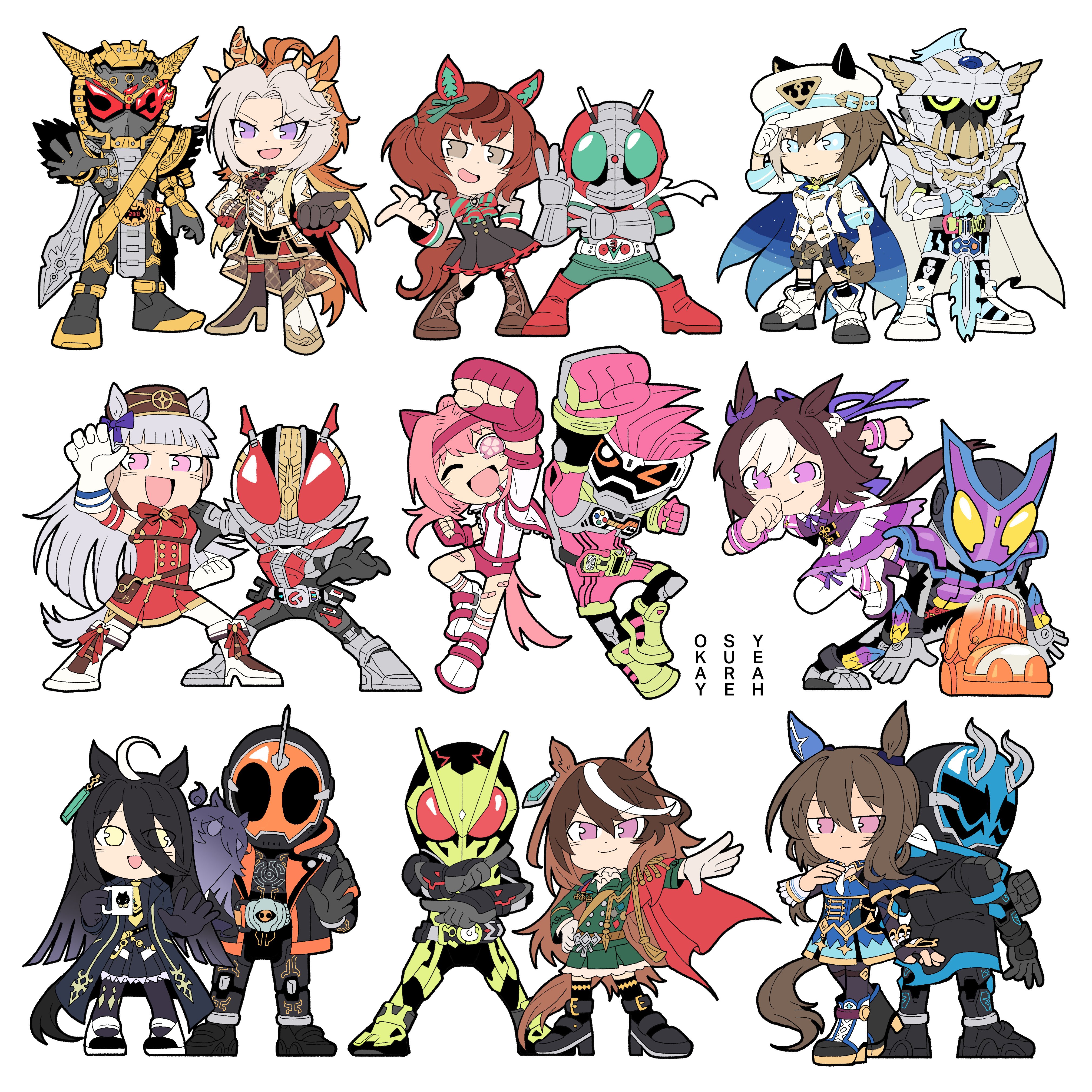 admire vega (umamusume), cheval grand (umamusume), gold ship (umamusume), haru urara (umamusume), kamen rider den-o, kamen rider ex-aid, kamen rider gavv, kamen rider ghost, kamen rider zero-one, manhattan cafe (umamusume), nice nature (umamusume), special week (umamusume), symboli rudolf (umamusume), kamen rider, kamen rider 01 (series), kamen rider den-o (series), kamen rider ex-aid (series), kamen rider gavv (series), kamen rider ghost (series), kamen rider zi-o (series), umamusume, absurdres, highres, 6+boys, 6+girls, animal ears, black hair, brown hair, cup, ear covers, holding, holding cup, holding sword, holding weapon, horse ears, horse tail, looking at viewer, multiple boys, multiple girls, ohma zi-o, okisurya70, pink eyes, pink hair, purple eyes, smile, sword, tail, tokusatsu, weapon, white background, yellow eyes