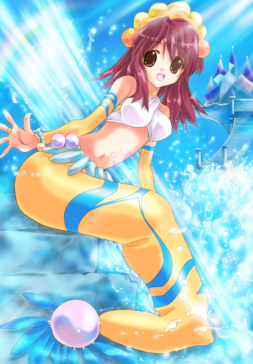 nyanmilla, naegino sora, kaleido star, highres, 00s, 1girl, :d, artist name, bracelet, bridge, brown eyes, brown hair, costume, dated, female focus, halterneck, hat, jewelry, leaning forward, light rays, mermaid, midriff, monster girl, open mouth, purple hair, rainbow, ring, short hair, sitting, smile, solo, stairs, sunbeam, sunlight, water