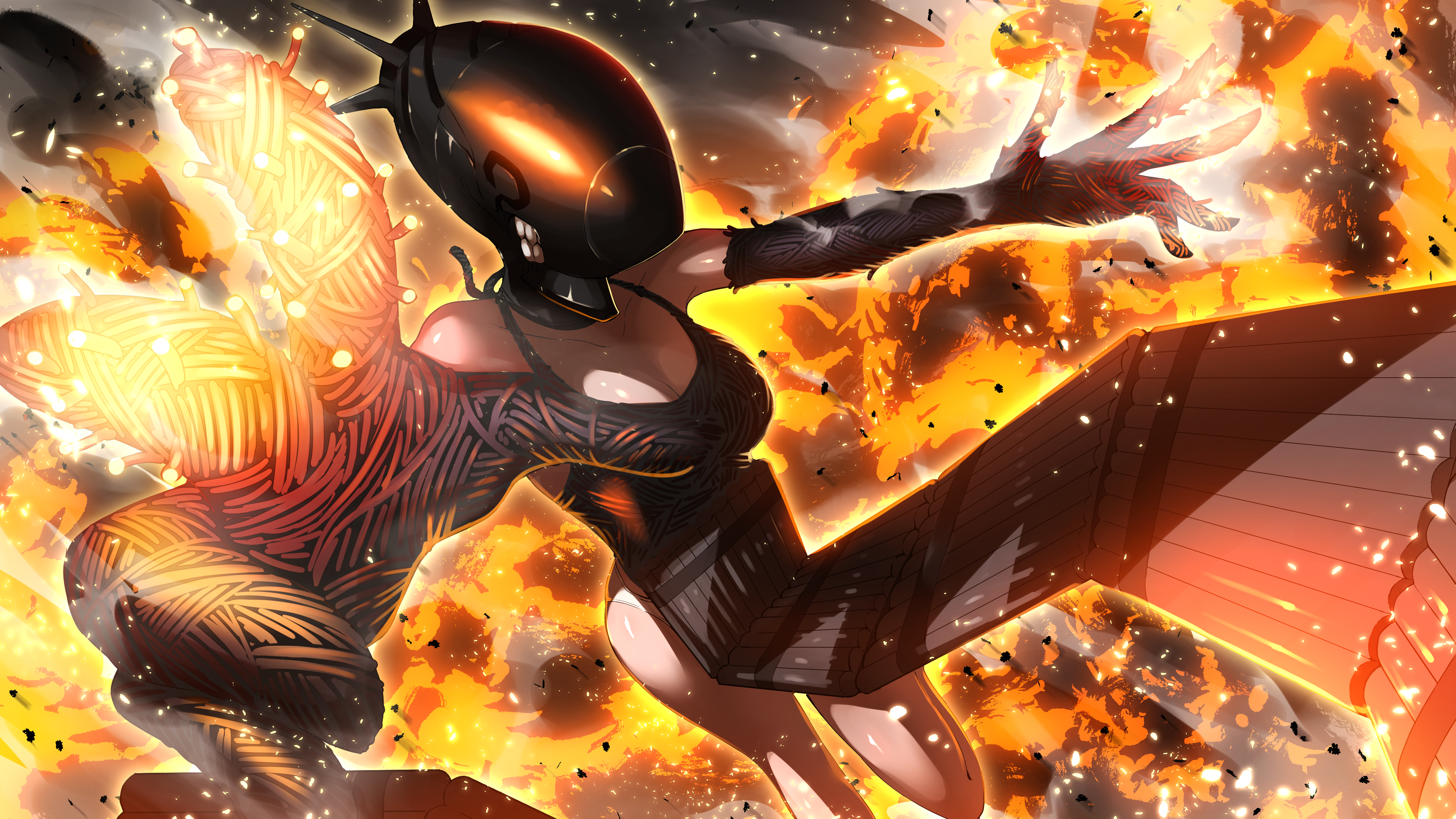 sugaaru (kusyunkun), bomb devil (chainsaw man), chainsaw man, absurdres, highres, 1girl, apron, black apron, black gloves, breasts, cleavage, dynamite, elbow gloves, explosive, fire, gloves, large breasts, object head, panties, smoke, solo, teeth, underwear, white panties