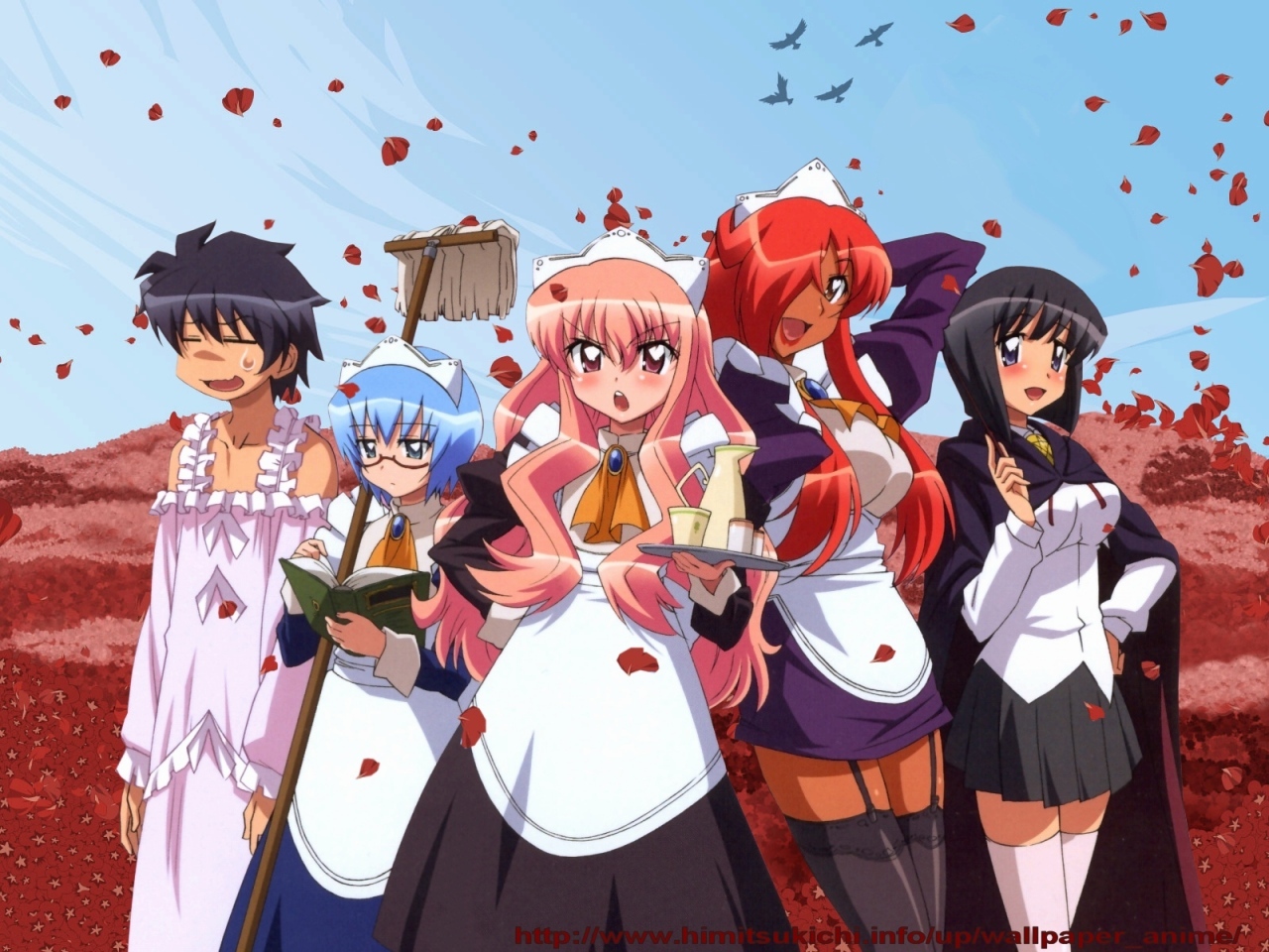 hiraga saito, kirche augusta frederica von anhalt zerbst, louise francoise le blanc de la valliere, siesta (zero no tsukaima), tabitha (zero no tsukaima), zero no tsukaima, artist request, non-web source, third-party edit, 1boy, 4girls, book, cosplay, costume switch, crossdressing, maid, mop, multiple girls, petals, thighhighs
