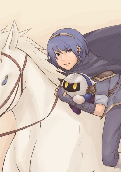 marth (fire emblem), meta knight, fire emblem, fire emblem: mystery of the emblem, kirby (series), nintendo, super smash bros., 1boy, armor, blue eyes, blue hair, cape, gloves, horse, male focus, mask, tiara, yellow eyes