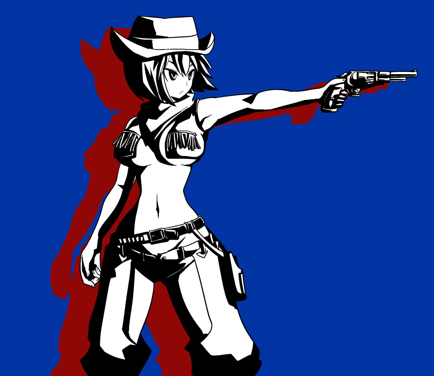 itini-sanshi, souseiseki, rozen maiden, commentary request, highres, 1girl, alternate breast size (larger), alternate costume, bandana, belt, blue background, breasts, colored shadow, cowboy western, cowgirl (western), crotchless, crotchless pants, fringe trim, greyscale with colored background, gun, handgun, high contrast, holding, holding gun, holding weapon, large breasts, navel, panties, pants, revolver, shadow, short hair, simple background, solo, underwear, weapon