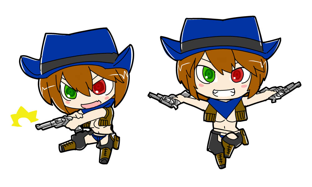 itini-sanshi, souseiseki, rozen maiden, commentary request, 1girl, alternate breast size (larger), alternate costume, bandana, belt, black pants, blue bandana, blue hat, blue panties, boots, breasts, brown boots, chibi, chibi only, cowboy western, cowgirl (western), crotchless, crotchless pants, dual wielding, fringe trim, gun, handgun, hat, holding, holding gun, holding weapon, large breasts, multiple views, navel, panties, pants, revolver, short hair, simple background, underwear, weapon