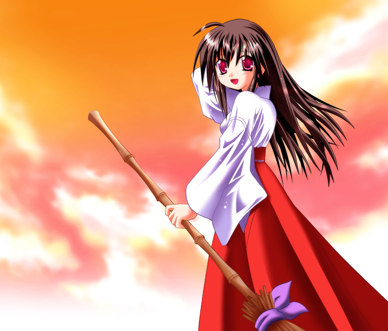 non-web source, 1girl, broom, brown hair, female focus, hakama, hakama skirt, japanese clothes, long hair, miko, red eyes, red hakama, skirt, sky, solo, sunset