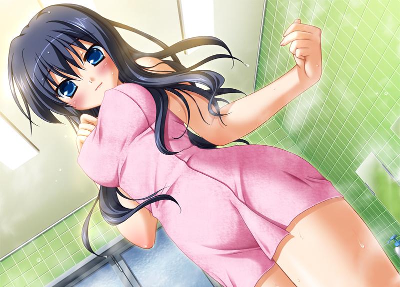 yuyi, kashiwagi tsukine, clover point, game cg, non-web source, 1girl, bath, black hair, blue eyes, blush, breasts, covered erect nipples, female focus, from below, impossible towel, looking down, looking up, naked towel, navel, nipples, solo, steam, towel, wet