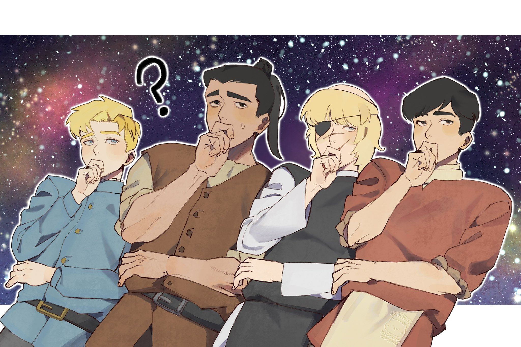 badeni, oczy, rafal (fire emblem), chi.: chikyuu no undou ni tsuite, highres, 4boys, ?, ahju2376423, albert brudzewski (chi.), belt, belt buckle, black belt, black eyes, black hair, black pantyhose, black tunic, blonde hair, blue eyes, blue jacket, border, brown vest, buckle, eyepatch, facial scar, hair bun, hand on own chin, jacket, letterboxed, male focus, medium hair, multiple boys, pantyhose, parted bangs, ponytail, red shirt, scar, scar on cheek, scar on face, scar on nose, shirt, short hair, star (sky), starry sky background, sweatdrop, tonsure, tunic, vest, white border, white shirt
