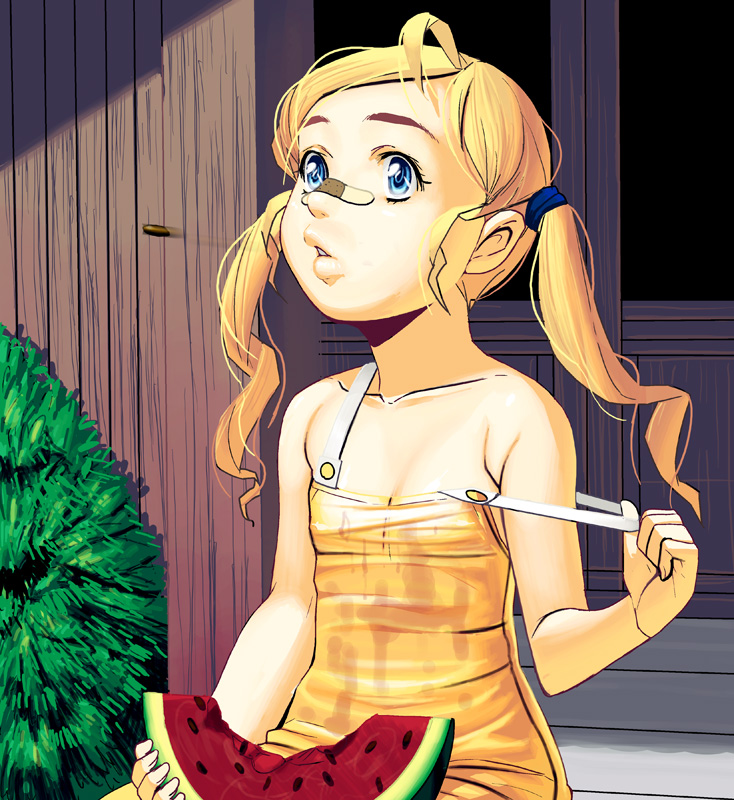 kouno (masao), bad id, bad pixiv id, 1girl, artistic error, bandaid, blonde hair, blue eyes, camisole, female focus, flat chest, food, fruit, long hair, solo, spitting, twintails, watermelon