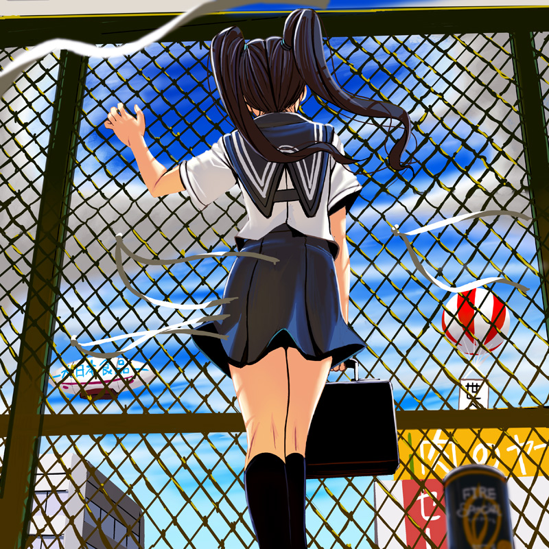 kouno (masao), bad id, bad pixiv id, 1girl, aircraft, back, bag, chain-link fence, dirigible, female focus, fence, from behind, long hair, satchel, school bag, school uniform, serafuku, solo, twintails, wind