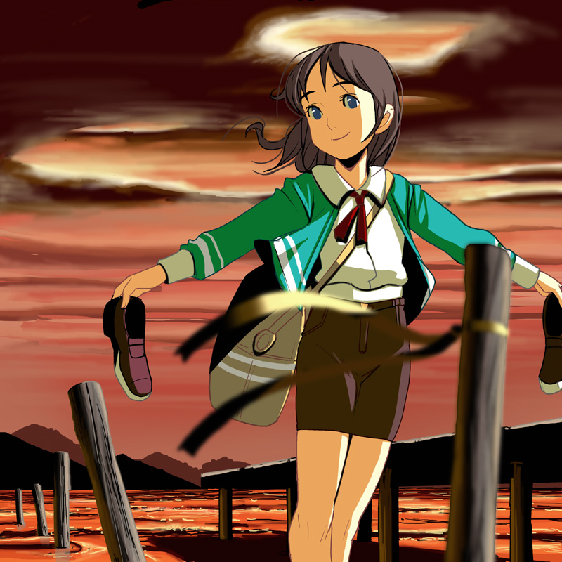 kouno (masao), original, bad id, bad pixiv id, beach, blue eyes, brown hair, dock, short hair, solo, sunset, water